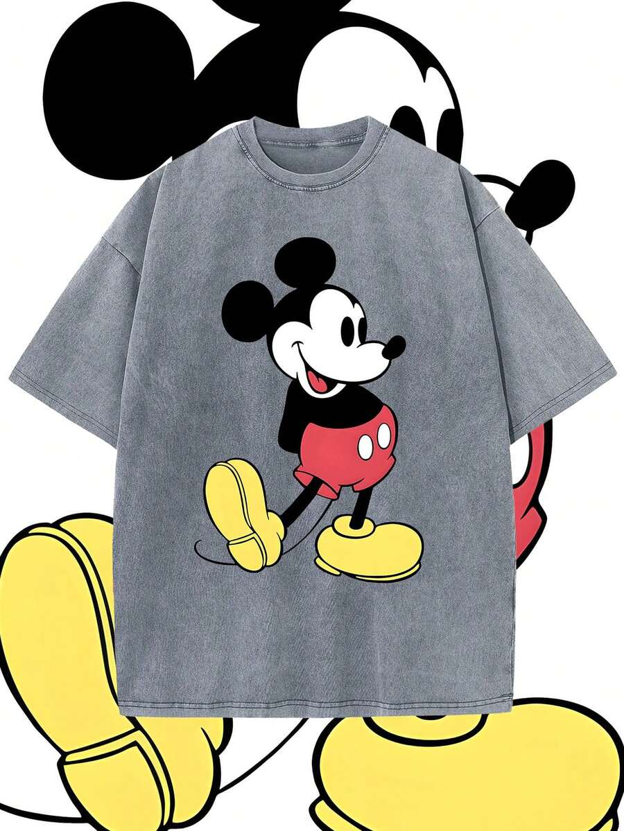 Disney, Disney Mickey Mouse ; T-shirt d'été à manches courtes pour homme, effet vieilli, coupe unique, pur coton, confortable et respirant, style streetwear décontracté, col rond ; une marque de mode de haute qualité, un cadeau surprise idéal pour la famille et les amis. - Gris - Voir 1