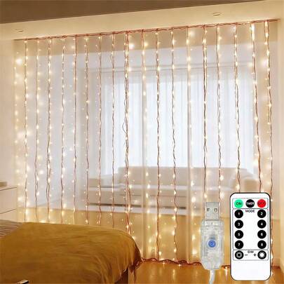 USB窗帘灯串，室内花环灯带，带遥控器，适用于婚礼、生日派对、情人节、开斋节、复活节、母亲节、圣诞节等节日氛围装饰，卧室窗户挂灯