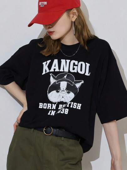 レディース KANGOL 猫プリント 半袖 T シャツ クルーネック T シャツ トップス 春服 カジュアル オーバーサイズ ストリート かわいい 大人 日常 ルームウェア