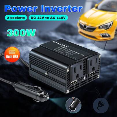  LVYUAN 300W Power Inverter For Vehicles,  12V DC To 110V AC Car Plug Adapter Outlet Converter 6.2A Dual USB Charging Ports Car Truck RV Inverter For Road Trips, Red