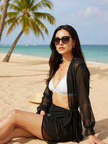 Beach Cover-Up Set: Shirt Dress + Tulle Bandana | Summer 2026 Fashion Blogger - màu đen - Xem 1