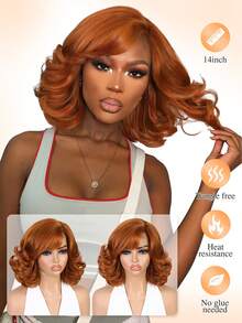Tóc giả ren 4x1, mái xéo, tóc giả sợi tổng hợp nhiều lớp màu vàng gừng, kết cấu tự nhiên, phù hợp cho phụ nữ sử dụng hàng ngày. - Màu Cam cháy - Xem 6