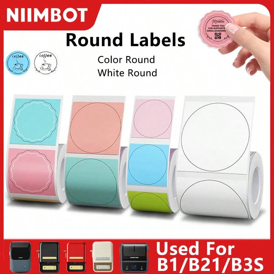 Niimbot圆形热敏标签贴纸，白色/彩色自粘防水标签贴纸，兼容B1/B21/B3S迷你便携式打印机