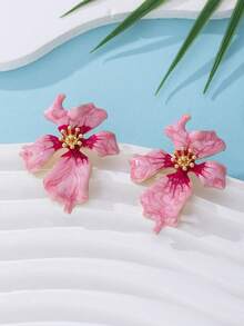 一对独特创意不对称扎染手工珐琅粉色花朵耳钉，适合约会/度假/派对，成人女性礼物 - 粉色 - 查看 3