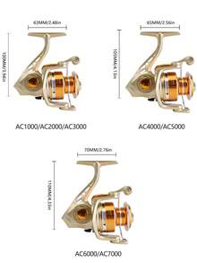 BILLINGS Carrete de pesca de agua dulce con relación de engranajes 5.2:1, arrastre máximo de 10 kg, carrete giratorio de agua salada de uso intensivo, copa de línea de metal, brazo oscilante plegable, mango intercambiable izquierda/derecha - Dorado - Ver 7