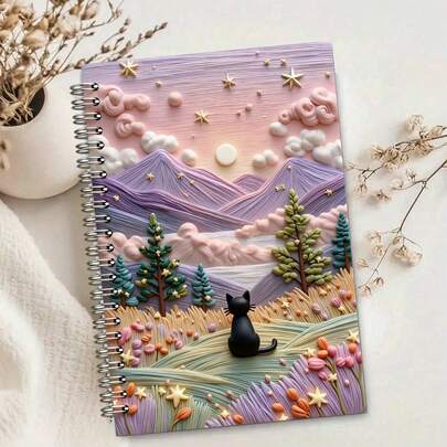 5.5x8.5 Inch, 60 Pages Vintage Animal Theme Spiral Notebook - Black Cat Starry Sky Pattern, Hard Cover, Grid-Lined Pages. Suitable For School, Office, Diary, Gift, Casual Writing | Quirky Design | Artistic Cover, Student Notebook, Back To School Essential