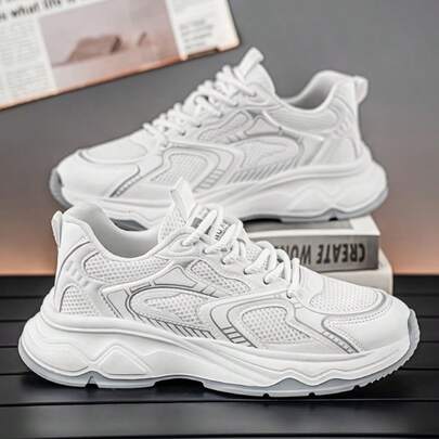 Zapatillas de papá con suela gruesa de malla de moda blanca pura para hombres, transpirables, amortiguadoras de impactos, antideslizantes, ligeras, cómodas y versátiles para deportes, adecuadas para exteriores, campus, casual, viajes, Día de San Valentín