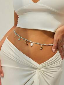 Beach Vacation Style Mermaid Seashell Pendant With Body Chain, Sexy Bead Elastic Waist Chain Jewelry - Waist Chain - View 3