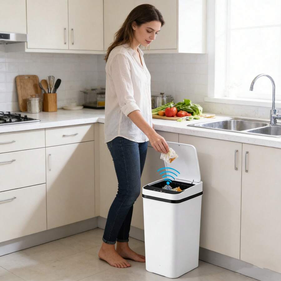 4 Gallon Touchless Motion Sensor Trash Can With Sealed Lid Slim Narrow Design Quiet Operation Waterproof Garbage Bin For Bathroom Bedroom Kitchen Office - 白色 - 查看 1