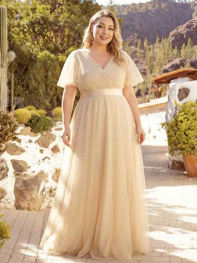 EVERPRETTY Plus Elegant Tulle Ruched Bust High Waist Champagne Bridesmaid Dress Spring Summer Wedding Guest Dress Formal Dresses Mother Of The Bride Dresses For Wedding Party