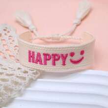 1 pieza Pulsera tejida con cara sonriente "FELIZ" hecha a mano, regalo de fiesta minimalista vintage y lindo, accesorio bohemio para vacaciones y viajes - Albaricoque - Ver 1