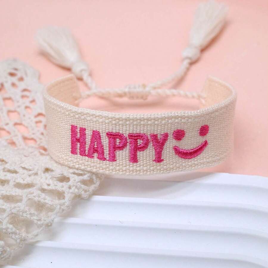 1 pieza Pulsera tejida con cara sonriente "FELIZ" hecha a mano, regalo de fiesta minimalista vintage y lindo, accesorio bohemio para vacaciones y viajes - Albaricoque - Ver 1