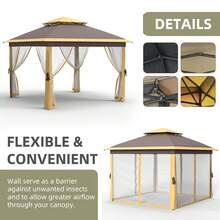 Cenador para Exteriores de 11 x 11 pies, cenador Resistente con Marco de Metal Resistente y techos Dobles, Refugio de Patio con mosquitero, Ideal para Patio Trasero, jardín, césped, Cubierta - Caqui - Ver 3