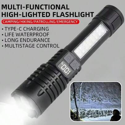 1 قطعة مصباح يدوي قوي وساطع بتقنية LED+COB مع إضاءة جانبية واسعة، إمكانية تكبير وتصغير، مصباح طوارئ مزود بمطرقة، قابل للشحن بمنفذ USB-C، مصباح قوي للتخييم والصيد