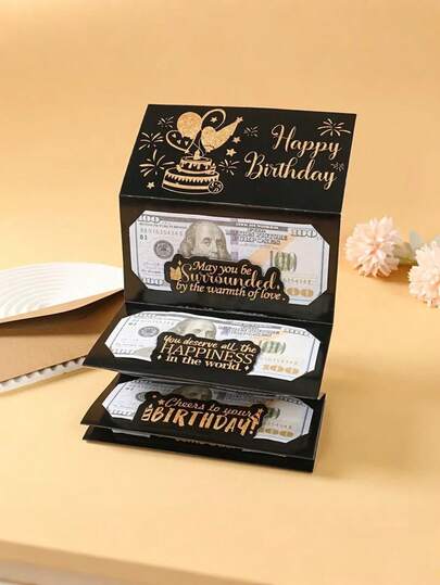 3件/1个黑金生日钞票卡片信封套装，生日快乐折叠钞票卡片礼品，黑金主题生日派对红色信封礼品袋 - 优雅黑金设计，创意独特现金盒，生日现金礼品信封，折叠钞票卡片礼品卡，生日派对小礼物，生日派对装饰，派对礼品，精美礼盒