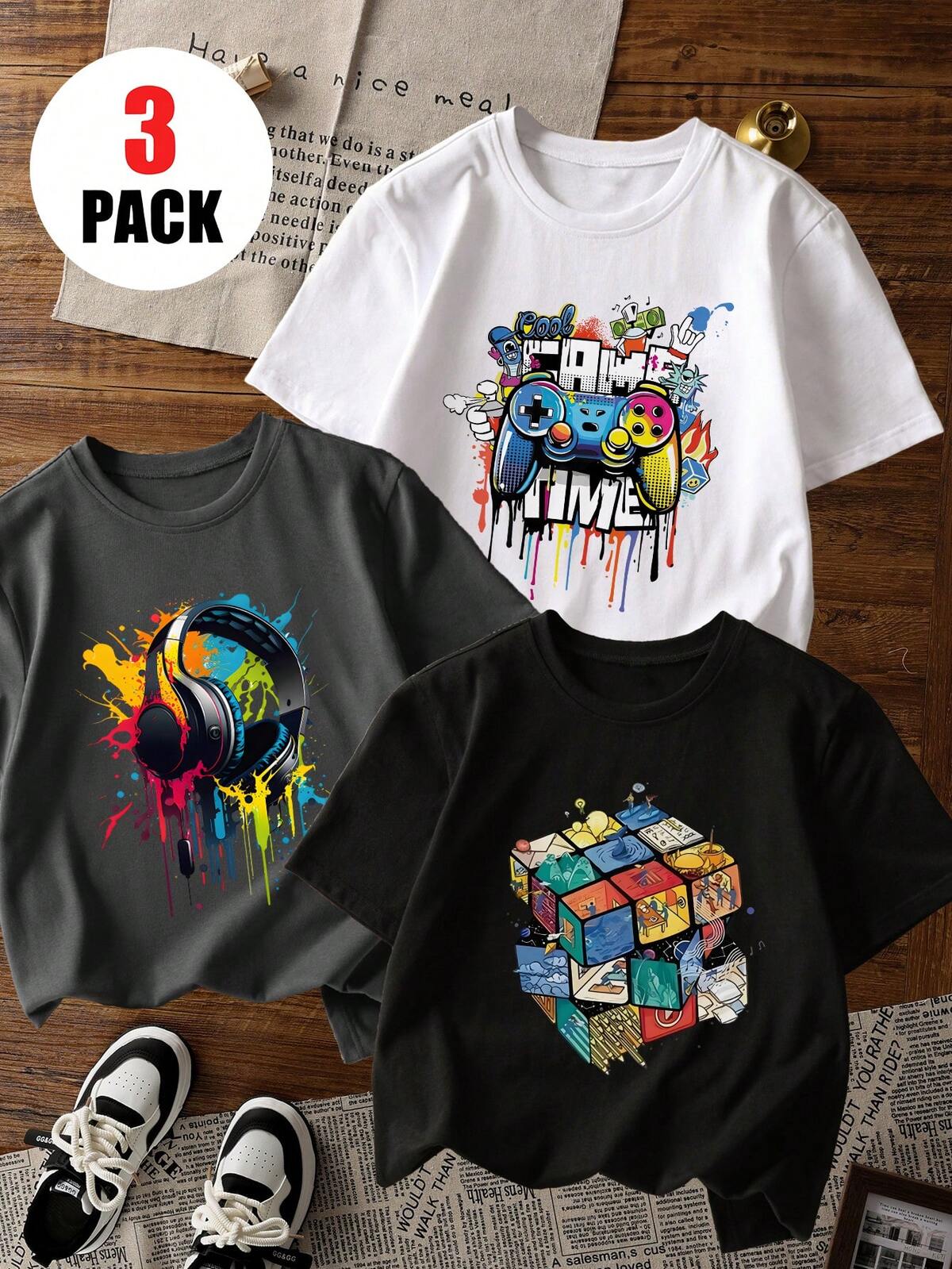 3 pièces/Set T-shirts à col ras du cou à manches courtes avec imprimé graphique décontracté pour garçons préadolescents, vêtements d'été pour étudiants et jeunes - T-shirts avec imprimés de console de jeu colorée et de casque apportant joie et bonheur à chaque enfant ! 6