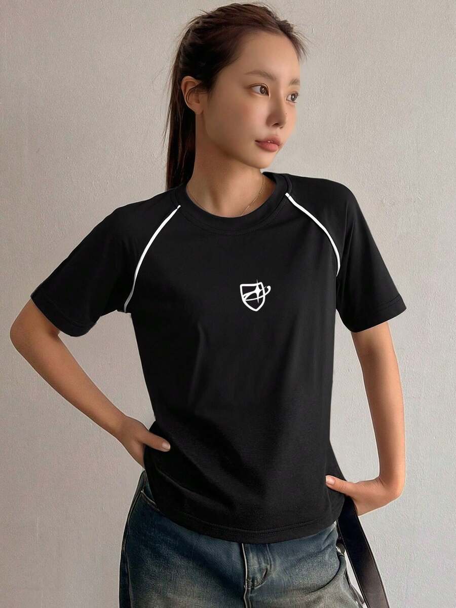 1 chiếc áo thun ngắn tay tối giản đa năng dành cho thiếu nữ, phong cách xuân hè. - màu đen - Xem 1