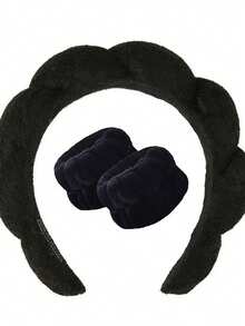 1pc Velvet Headband + 2pcs Wristbands, Suitable For Spa, Skincare, Makeup And Hairstyling, Hair Accessories Beauty Home Bedroom Decor Hairband Hair Hoop - Black - View 7