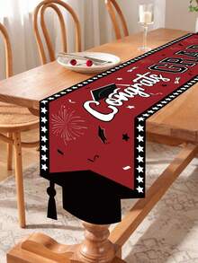 1件红色毕业主题桌旗，祝贺毕业桌布，饰有学士帽图案，180*35厘米涤纶桌布，毕业派对装饰，祝贺毕业装饰，2026届毕业庆祝用品，毕业家居装饰，厨房装饰，餐桌装饰，毕业礼物，毕业摄影道具 - 紅色 - 查看 2