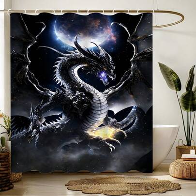 1pc Black Dragon Shower Curtain, Made Of Polyester, Waterproof, Non-Blackout, Suitable For Home And Bathroom Decor, Comes With 12 Hooks