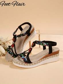 Sandalias de plataforma con cuentas tejidas a mano para mujer, estilo bohemio, nueva colección primavera/verano, suela gruesa cómoda para exteriores, con patrón floral aleatorio - Negro - Ver 7