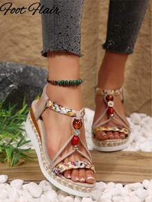 女士手工串珠编织趾环绳底凉鞋，波西米亚风格，春夏新款厚底舒适户外凉鞋，随机花卉图案 - 米色 - 查看 4