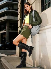 Women's Square Toe Motorcycle Boots Side Zipper Knee High Boots Chunky Low Heel Buckle Decorated Fashion Casual Riding Boots Festival Woman Shoes - 鏽棕色 - 查看 3