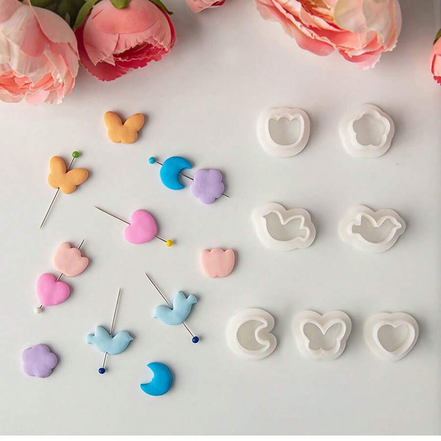 7pcs/Set Mini Cartoon Cute Soft Clay Earring Mold, Flower, Butterfly, Heart Shaped Pendant Cutter DIY Craft Tool Set - White - View 1