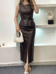 女士新款夏季都市通勤时尚优雅套装，上衣配腰带，修身剪裁，开衩裙摆半身裙 - 棕色 - 查看 5