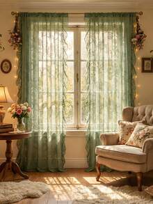 1 pieza Nueva cortina transparente con adorno de encaje floral de lujo francés, decoración navideña - Verde - Ver 1