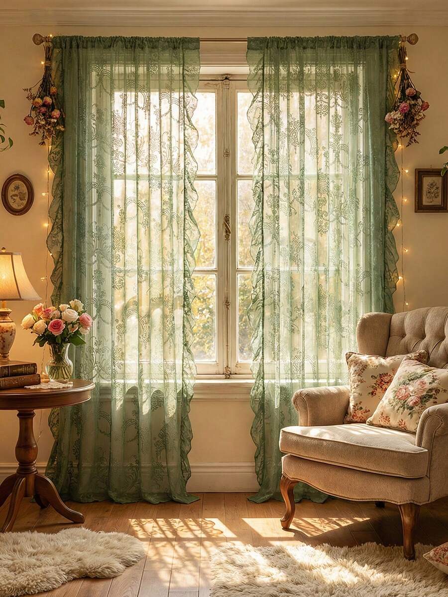 1 pieza Nueva cortina transparente con adorno de encaje floral de lujo francés, decoración navideña - Verde - Ver 1