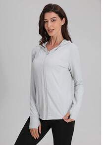 Women's Fashionable Summer Hooded Thumb Hole Lightweight Breathable Sun Protection Jacket - Baby Blue - View 4