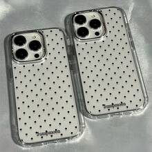 1pc Electroplated Button Metal Transparent Case With Lens Protection, Personalized Polka Dot & English Pattern Phone Case Compatible With IPhone 16 Pro Max, 17/16/15/14 Plus/13/12/11, Air, Applicable To Series - Multicolor - View 4