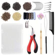 接发工具套装，500颗硅胶内衬微珠，1把钳子，1个穿线器，1个钩针，10个弯发夹，5个发卡，5卷缝纫线，1包橡皮筋和1个收纳盒，初学者接发入门套装。 - 查看 1