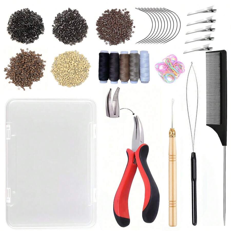 接发工具套装，500颗硅胶内衬微珠，1把钳子，1个穿线器，1个钩针，10个弯发夹，5个发卡，5卷缝纫线，1包橡皮筋和1个收纳盒，初学者接发入门套装。 - 查看 1