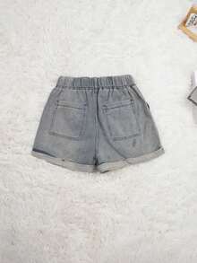 女士轻薄夏季牛仔短裤，休闲宽松抽绳松紧腰，卷边裤脚，舒适度假牛仔短裤 - 復古藍 - 查看 6