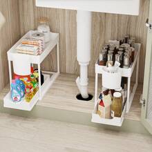 Pull-Out 2-Tier Sliding Storage Rack Under Sink, L-Shaped Bathroom Kitchen Cabinet Drawer Organizer, Multi-Function Sink Storage Rack, Suitable For Bathroom Kitchen Drawers, Space-Saving Organizer, Durable Large Capacity Drawer, Suitable For Kitchen And Bathroom Items, Mixed Color Plastic Material - Black - View 7