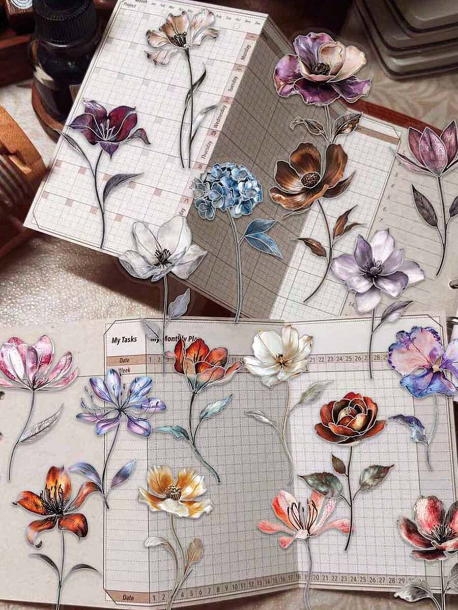 50pcs Flower Sticker Set For Scrapbooking, Diary, Planner, Luggage, Skateboard, Phone, Tablet, Toilet, Bathroom - Flowers - View 1