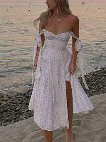 Summer Dress Floral Print Tie Strap Halter Neck V Neck Split Maxi Skirt Slim Fit For Dating Vacation Style - trắng - Xem 8