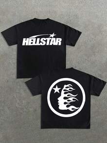 Flame Logo Graphic Black T-Shirt, Comfortable Casual Short-Sleeve, 220g Cotton Double-Sided Printed T-Shirt - 黑色 - 查看 1