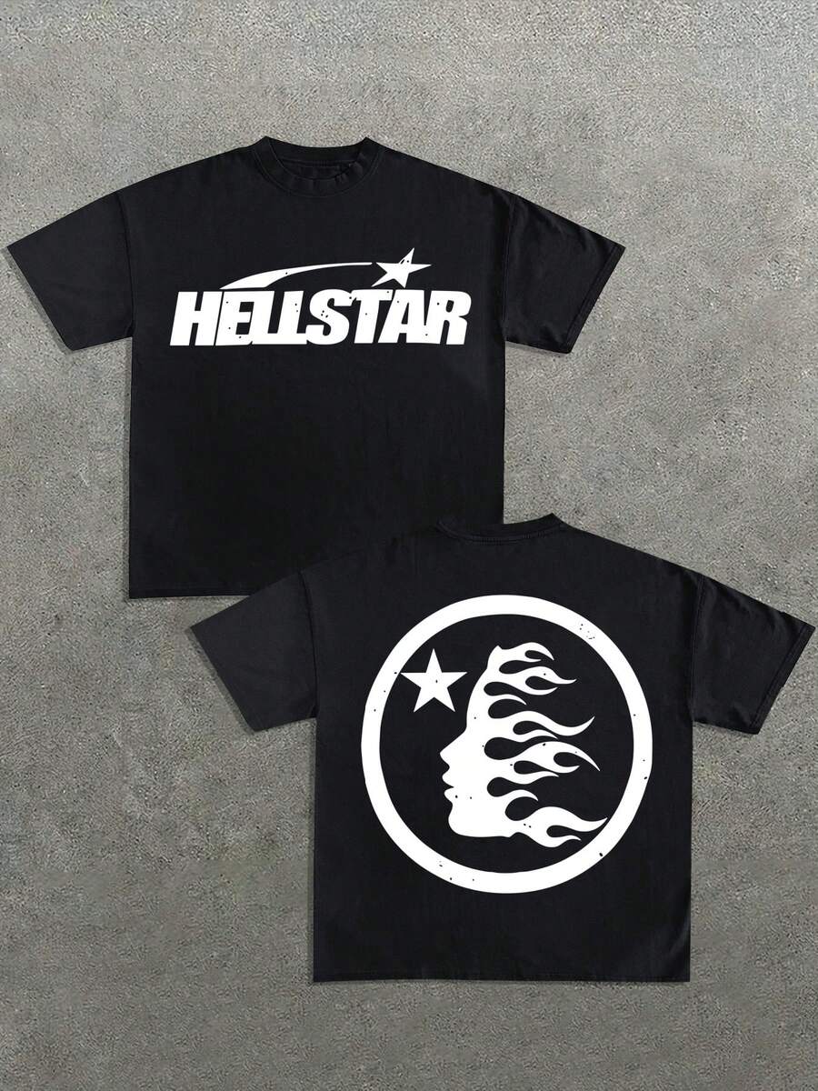 Flame Logo Graphic Black T-Shirt, Comfortable Casual Short-Sleeve, 220g Cotton Double-Sided Printed T-Shirt - 黑色 - 查看 1