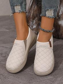 Mocassins de Plataforma de Bico Redondo com Padrão de Losango para Mulheres, Estilo Minimalista Casual para Uso Diário e Caminhada ao Ar Livre, Adequado para Primavera/Outono - off white - Visão 4