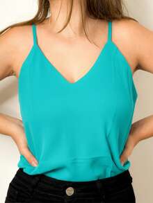 Women's Tank Top With Adjustable Straps, Basic Crepe Blouse With Thin Straps - Cadet Blue - View 2