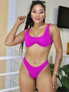 CONJUNTO BIQUINE ANARRUGA  elegante    Tecido    Costas nuas / sem costas    Feminino  Praia  Férias - Roxo - Visão 3