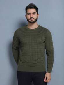 Men's Plain Square Knit Sweater, Round Neck, Long Sleeve, Thick Wool Sweater. - Army Green - View 5