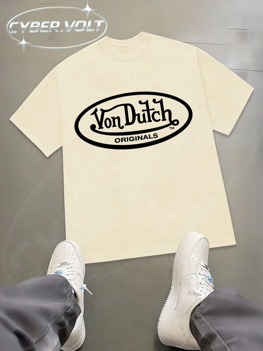 Dutch Manfinity Y2K Style Print (180g Pure Cotton T-Shirt) Cotton T-Shirt - Soft And Breathable, Green Print 100% Pure Cotton Fabric - Comfortable And Vibrant Summer Streetwear Short-Sleeved T-Shirt, Cool Motorcycle Design, Vintage Summer Men's Everyday Wear T-Shirt - Màu be - Xem 1