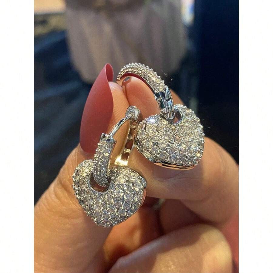 Rhinestone Heart Drop Earrings Valentines,Mom,Mother,Mother's Day,Gift - Silver - View 1