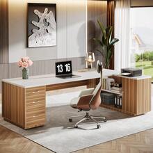 LITTLE TREE 85.8" L Shaped Executive Office Desk, Large Corner Computer Desk With File Drawers Storage Cabinet, Adjustable Shelves CPU Compartment Home Office Workstation, Easy Assembly Business Furniture, White&Walnut - White & Walnut - View 13