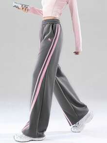 JUTU Spring & Autumn Ash Gray & Pink Women's Commuting & Outdoor Retro High-Waisted Wide-Leg Casual Pants With Drawstring And Printed Design - 1A71 Ash Mix - 1182 Powder - View 3