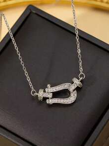 1pc Stainless Steel Rhinestone Horseshoe Clasp U-Shaped Necklace, Delicate And Luxurious Style, Fashionable Clavicle Chain For Women - Horseshoe Necklace - View 6